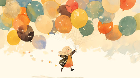 Cheerful young girl with blonde hair is holding vibrant balloons, surrounded by a dreamy atmosphere, capturing the essence of joy and childhood wonder, AI generatedの素材