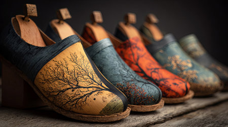 Handcrafted shoes featuring artistic tree designs in various colors, arranged on a rustic wooden surface, highlighting unique craftsmanship and creative footwear artistry, AI generatedの素材