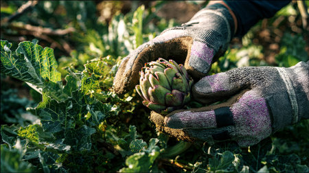 Gardener's hands in gloves are gently pulling a ripe artichoke from vibrant green foliage, illustrating the beauty of organic farming and the harvest process, AI generatedの素材
