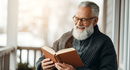 Senior man with glasses is reading a book on a porch, radiating warmth and tranquility, with soft natural light enhancing the serene environment, AI generatedの素材