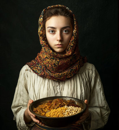 Female figure in a patterned headscarf presents a bowl filled with traditional dishes, highlighting rich colors and textures, reflecting cultural significance and culinary traditions, AI generatedの素材