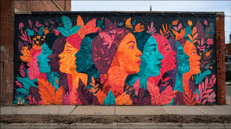 Vibrant mural displays diverse female profiles adorned with colorful leaves and floral designs, emphasizing artistic creativity and cultural significance in urban space, AI generatedの素材