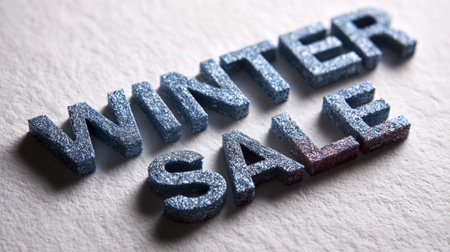Sparkling letters spelling winter sale are artistically displayed on textured paper, enhancing the festive shopping vibe and seasonal marketing appeal, AI generatedの素材