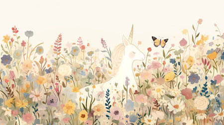 Whimsical unicorn illustration amidst a lush field of colorful flowers and butterflies, evoking a sense of magic and tranquility in a serene garden environment, AI generatedの素材