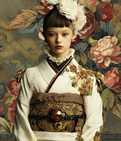 Female in traditional kimono, stands elegantly against a vintage floral background, highlighting intricate designs and cultural significance in fashion and beauty, AI generatedの素材