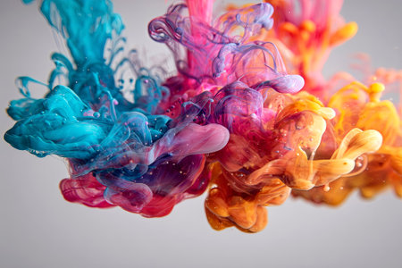 Abstract ink swirls in water, forming vibrant colors and intricate patterns, highlighting fluid dynamics and artistic expression in a mesmerizing visual experience, AI generatedの素材