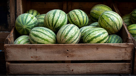 Watermelons are neatly arranged in a wooden crate, displaying their bright green stripes and round forms, evoking a sense of summer abundance and natural beauty, AI generatedの素材
