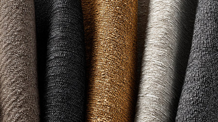 Close-up view of textured fabric rolls in diverse colors, highlighting intricate patterns and rich materials, ideal for design projects and textile applications, AI generatedの素材