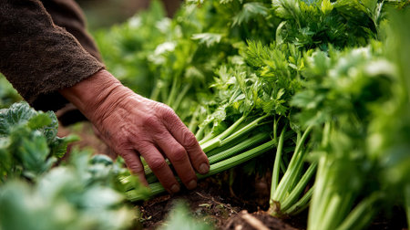 Hand is carefully pulling fresh celery from the earth in a lush garden, highlighting the importance of organic farming and the beauty of natural produce, AI generatedの素材