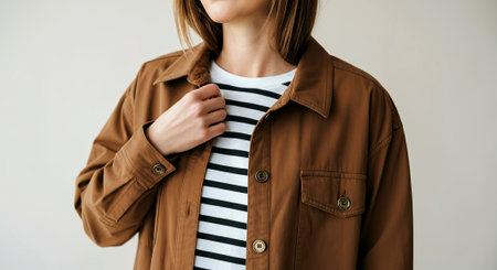 Female model in brown jacket and striped shirt, adjusting her outfit, highlighting contemporary fashion trends in a clean, minimalistic environment, AI generatedの素材
