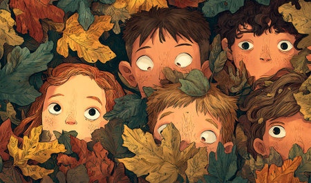 Children are peeking through a blanket of colorful autumn leaves, their curious expressions reflecting a sense of wonder and adventure in nature's beauty, AI generatedの素材