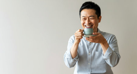 Male enjoying a warm beverage, smiling while holding a green cup, in a bright and minimalistic environment, capturing a joyful moment of relaxation and contentment, AI generatedの素材