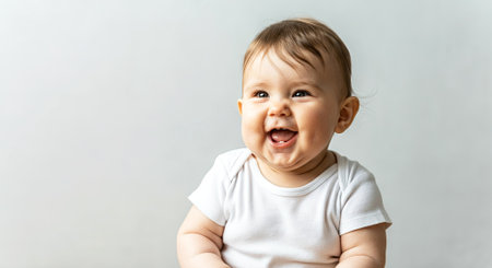Joyful baby with light brown hair, dressed in a white onesie, sits happily against a soft background, radiating innocence and delight in the moment, AI generatedの素材