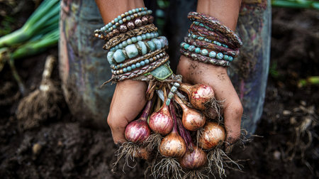 Hands grasping freshly picked onions, decorated with various bracelets, highlight the bond between gardening and individuality in a rich, earthy environment, AI generatedの素材
