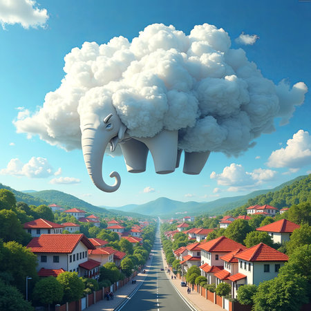 Surreal depiction of an elephant in clouds over a charming village with red-roofed homes, lush trees, and mountains in the background, creating a whimsical scene, AI generatedの素材