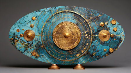 Decorative clock design with a turquoise stone base and golden accents, highlighting intricate details and craftsmanship, creating a captivating visual centerpiece, AI generatedの素材