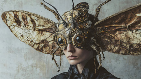 Model displays a stunning insect-themed headpiece with oversized wings, highlighting unique textures and artistic design, creating a captivating visual experience, AI generatedの素材