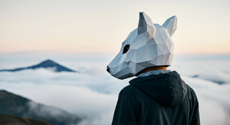 Person in a polygonal wolf mask gazes over clouds from a mountain summit at dawn, capturing the essence of adventure, freedom, and connection with nature, AI generatedの素材