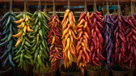 Assorted chili peppers are beautifully arranged in a market, displaying a rich variety of colors and textures, symbolizing culinary traditions and vibrant flavors, AI generatedの素材