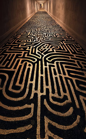 Detailed maze pattern on tiled floor in corridor, featuring geometric shapes and textures, guiding the viewer eye towards a softly illuminated entrance ahead, AI generatedの素材