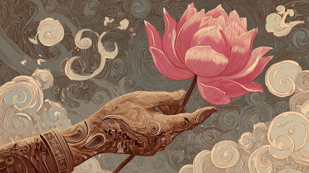 Detailed hand gracefully presents a pink lotus flower amidst swirling clouds, showcasing artistic craftsmanship and a serene atmosphere of beauty and peace, AI generatedの素材