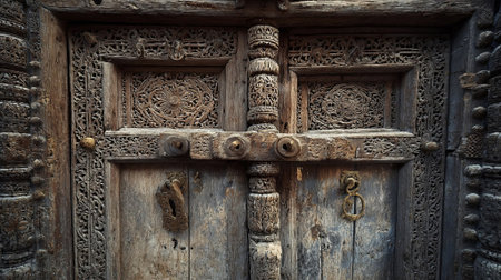 Ornate wooden door features intricate carvings and textures, highlighting craftsmanship and historical significance, creating an inviting atmosphere for exploration and appreciation of culture, AI generatedの素材