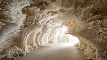 Unique cave interior features coral-like structures with intricate textures and soft lighting, creating an enchanting atmosphere that invites exploration and appreciation of nature artistry, AI generatedの素材
