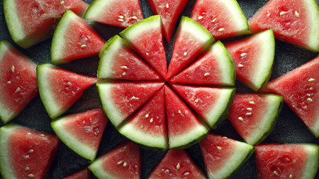 Watermelon slices are beautifully arranged in a circular design on a dark surface, highlighting their juicy red flesh and green rind, ideal for summer enjoyment, AI generatedの素材