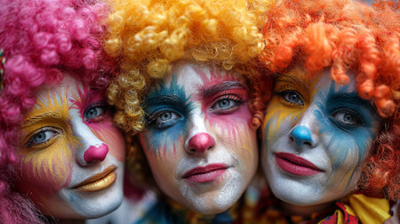 Three clowns with bright wigs and artistic face paint, displaying cheerful expressions and a lively ambiance, capturing the essence of fun and festivity, AI generatedの素材