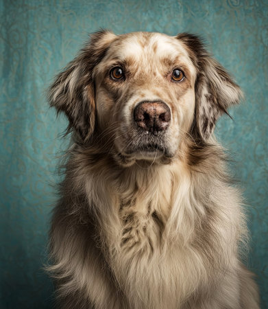 Golden retriever dog with soft fur and expressive eyes, poses against a textured blue backdrop, highlighting the warmth and affection of this beloved pet, AI generatedの素材