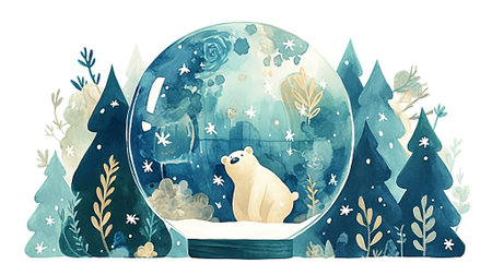 Charming watercolor illustration features a polar bear in a snow globe, surrounded by lush evergreen trees and softly falling snowflakes, evoking a magical winter atmosphere, AI generatedの素材