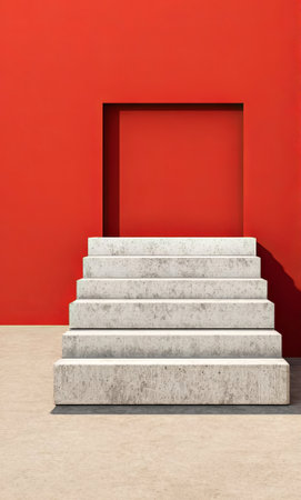 Concrete staircase ascends toward a bold red wall featuring an empty rectangular space, emphasizing modern architectural elements and inviting curiosity about the design, AI generatedの素材