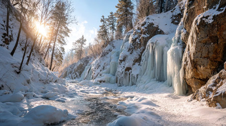 Scenic winter view of a frozen river flowing through a snowy canyon, with ice formations on the rocks and sunlight casting warm hues on the landscape, AI generatedの素材