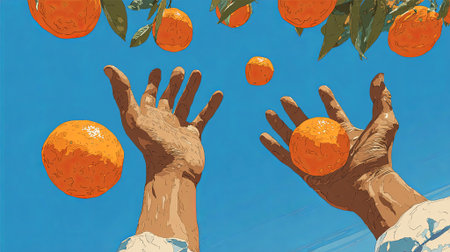 Person's hands are joyfully tossing oranges into the air against a clear blue sky, capturing the essence of fruit harvesting and the beauty of nature, AI generatedの素材