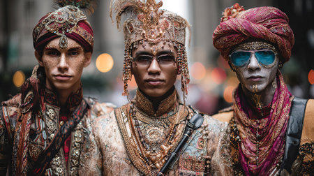 Group of men in elaborate traditional costumes, featuring detailed designs and rich colors, standing together in an urban environment, celebrating cultural expression, AI generatedの素材