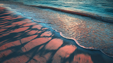 Serene beach landscape at sunset, featuring gentle waves and soft reflections on the sand, with shadows creating a tranquil ambiance for relaxation and contemplation, AI generatedの素材