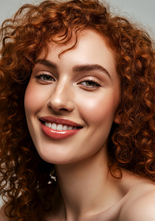 Smiling woman with curly red hair displays her natural beauty and radiant skin, exuding confidence and joy against a soft, neutral backdrop, AI generatedの素材