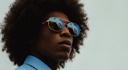Confident male model with curly hair and sunglasses, dressed in a blue shirt, poses against a soft background, embodying contemporary fashion and urban style, AI generatedの素材