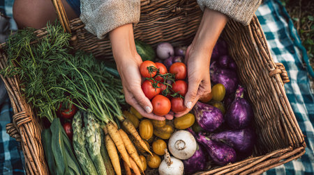 Hands grasping ripe cherry tomatoes above a wicker basket brimming with fresh vegetables, highlighting the beauty of organic produce and a healthy lifestyle, AI generatedの素材