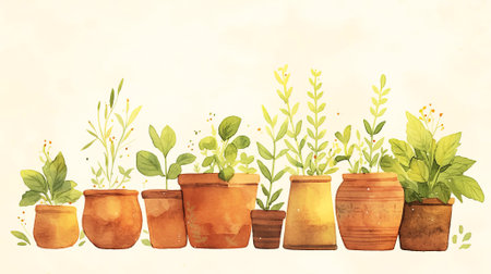 Charming illustration featuring terracotta pots with lush green plants, creating a vibrant display of nature's beauty and growth in a delightful arrangement, AI generatedの素材