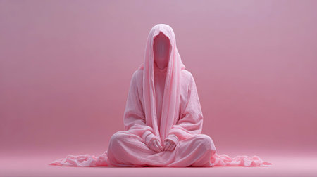 Meditative figure draped in soft pink fabric sits peacefully against a pastel backdrop, creating a serene atmosphere that evokes calmness and introspection, AI generatedの素材