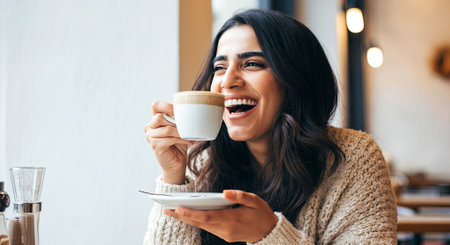 Woman with dark hair is happily sipping coffee in a cafe, dressed in a cozy sweater, surrounded by a warm ambiance, perfect for socializing and unwinding, AI generatedの素材