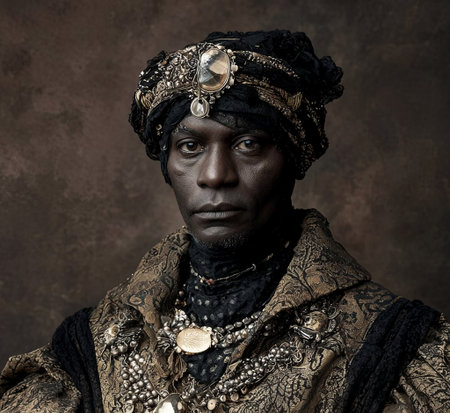 Male figure dressed in ornate traditional clothing, featuring detailed jewelry and a striking headwrap, representing rich cultural heritage and identity, AI generatedの素材