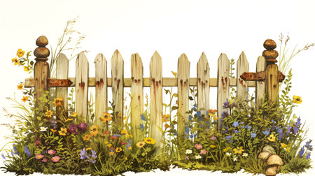 Charming wooden picket fence surrounded by colorful wildflowers and rich greenery, creating a serene garden atmosphere filled with natural beauty, AI generatedの素材