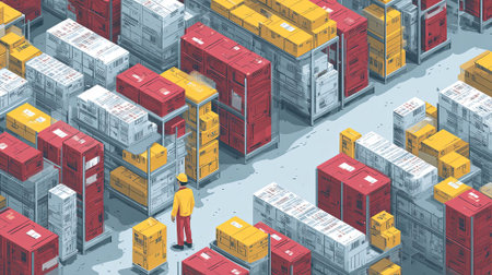 Individual in yellow hard hat navigates through a warehouse filled with colorful stacked boxes, illustrating organized storage and efficient logistics operations, AI generatedの素材