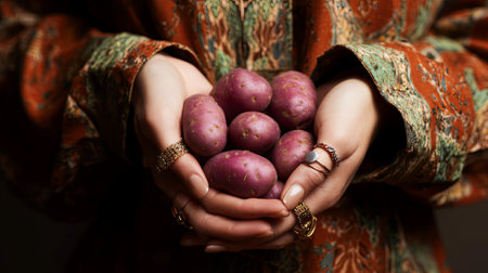 Female figure presents a collection of vibrant purple potatoes in her hands, dressed in a richly patterned garment, emphasizing natural food and culinary creativity, AI generatedの素材