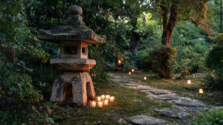 Serene garden scene showcases a stone lantern amidst vibrant foliage, with glowing candles lining a winding stone path, inviting tranquility and peaceful reflection, AI generatedの素材