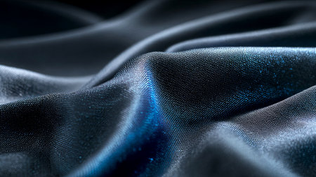 Detailed view of dark blue satin fabric, highlighting smooth texture and reflective qualities, perfect for fashion, interior design, or artistic applications, AI generatedの素材