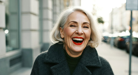 Joyful older woman with gray hair, dressed in a chic black coat, stands on a city street, exuding happiness and confidence in a lively urban setting, AI generatedの素材
