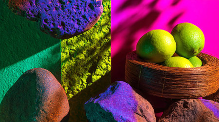 Artistic still life arrangement with textured rocks and a basket of limes against a colorful background, highlighting vibrant hues and unique textures for visual appeal, AI generatedの素材